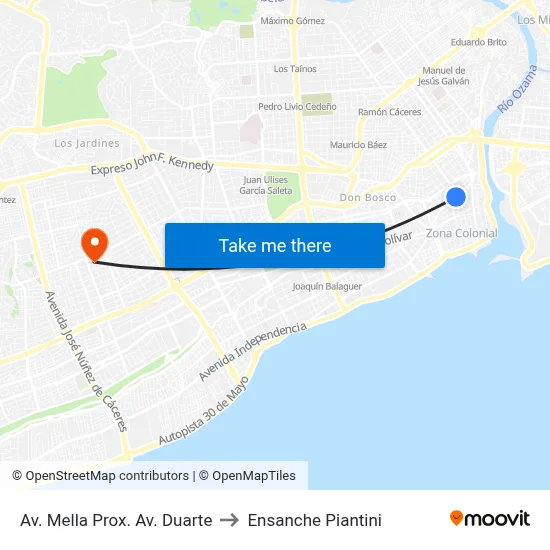 Av. Mella Prox. Av. Duarte to Ensanche Piantini map