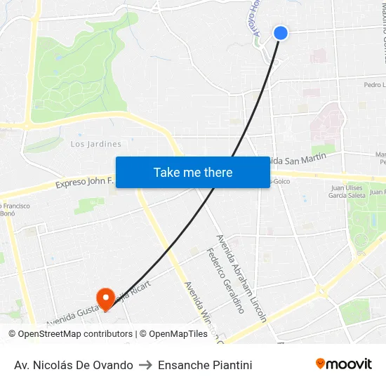 Av. Nicolás De Ovando to Ensanche Piantini map