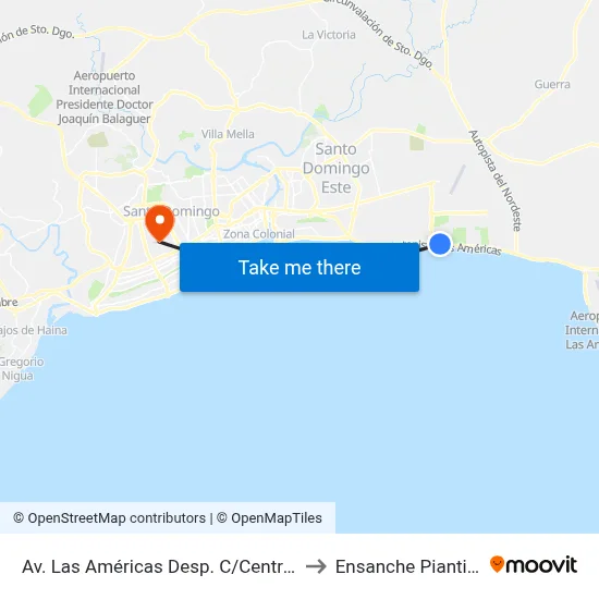 Av. Las Américas Desp. C/Central to Ensanche Piantini map