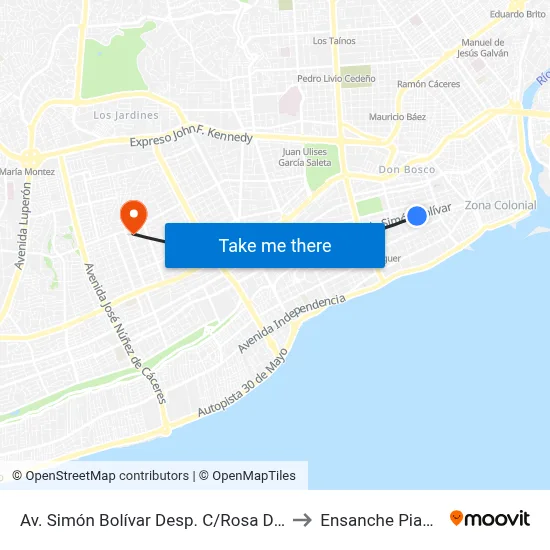 Av. Simón Bolívar Desp. C/Rosa Duarte to Ensanche Piantini map