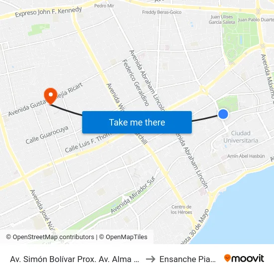 Av. Simón Bolívar Prox. Av. Alma Mater to Ensanche Piantini map