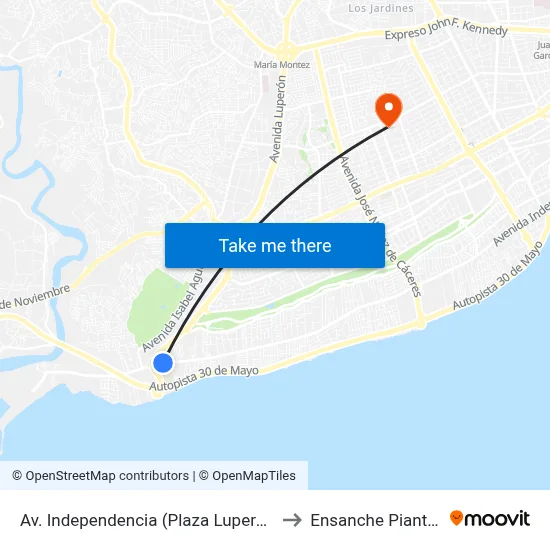 Av. Independencia (Plaza Luperón) to Ensanche Piantini map