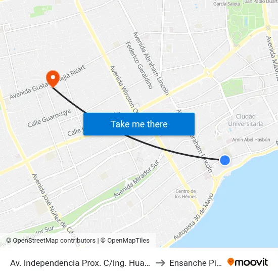 Av. Independencia Prox. C/Ing. Huascar Tejeda to Ensanche Piantini map