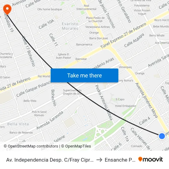 Av. Independencia Desp. C/Fray Cipriano De Utrera to Ensanche Piantini map
