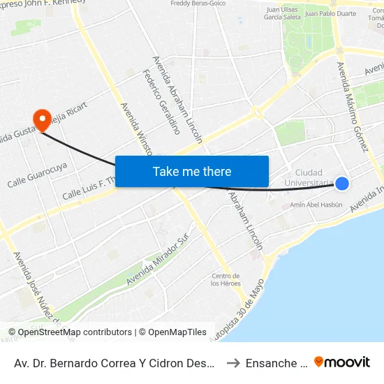 Av. Dr. Bernardo Correa Y Cidron Desp. C/Julio Ortega Frier to Ensanche Piantini map