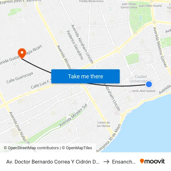 Av. Doctor Bernardo Correa Y Cidrón Desp. C/Cristobal De Llerenas to Ensanche Piantini map