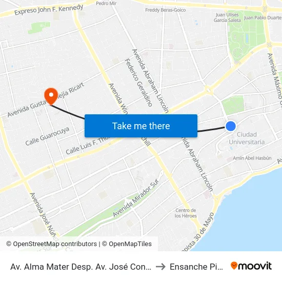 Av. Alma Mater Desp. Av. José Contreras, 63 to Ensanche Piantini map