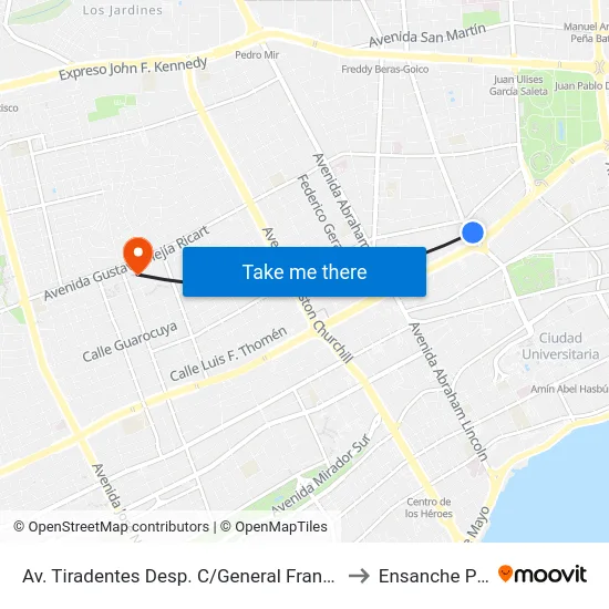 Av. Tiradentes Desp. C/General Frank Félix Miranda to Ensanche Piantini map