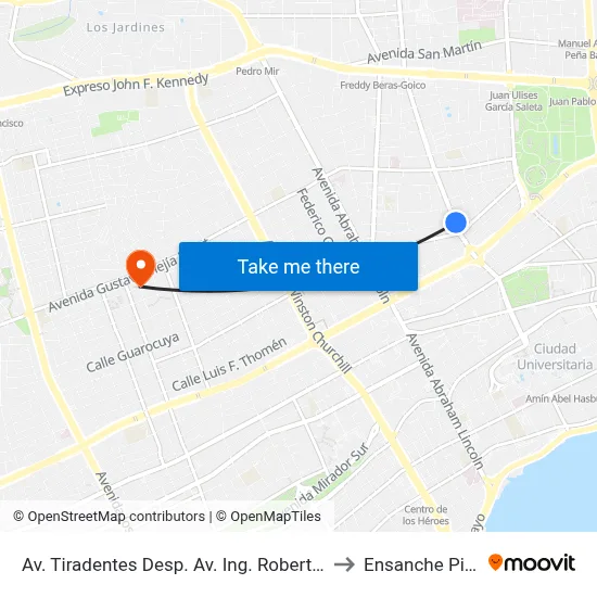 Av. Tiradentes Desp. Av. Ing. Roberto Pastoriza to Ensanche Piantini map