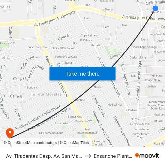 Av. Tiradentes Desp. Av. San Martín to Ensanche Piantini map