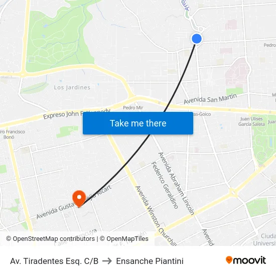 Av. Tiradentes Esq. C/B to Ensanche Piantini map