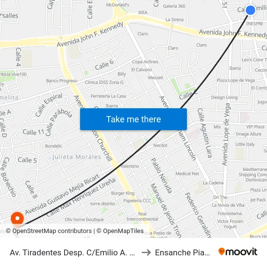 Av. Tiradentes Desp. C/Emilio A. Morel to Ensanche Piantini map