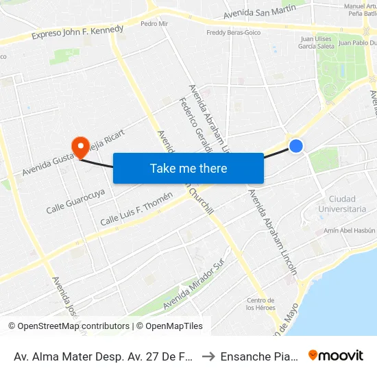 Av. Alma Mater Desp. Av. 27 De Febrero to Ensanche Piantini map