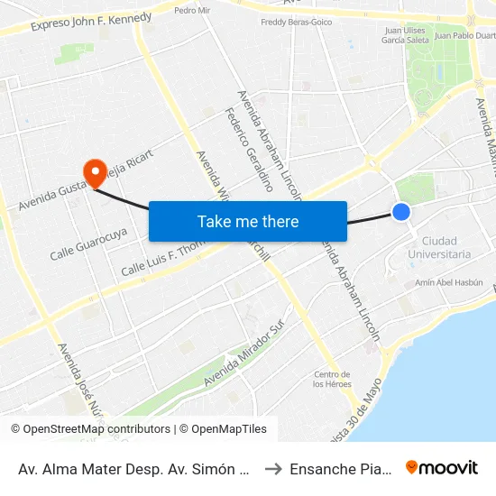 Av. Alma Mater Desp. Av. Simón Bolívar to Ensanche Piantini map