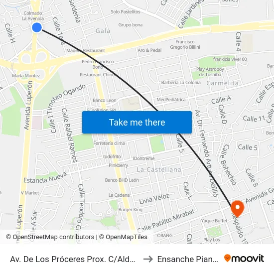 Av. De Los Próceres Prox. C/Aldonza to Ensanche Piantini map