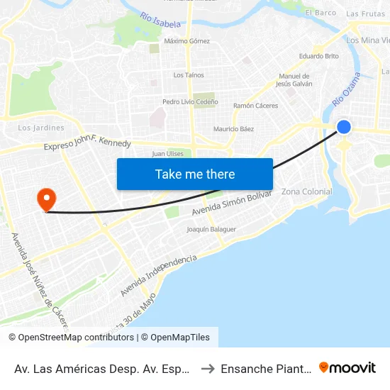 Av. Las Américas Desp. Av. España to Ensanche Piantini map