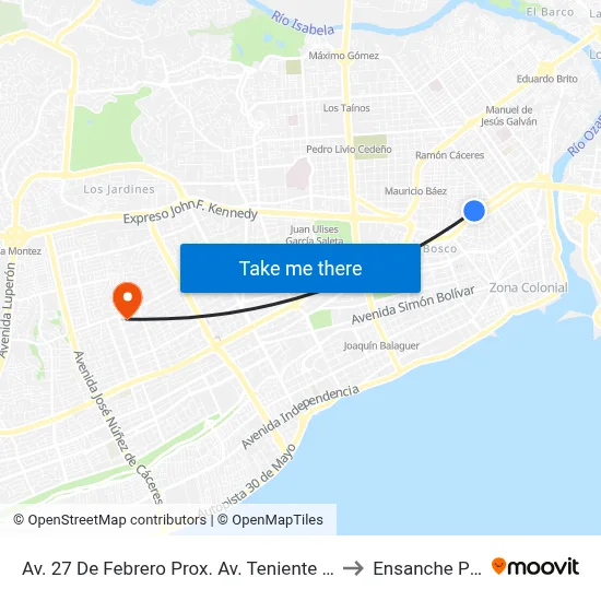 Av. 27 De Febrero Prox. Av. Teniente Amado Garcia to Ensanche Piantini map
