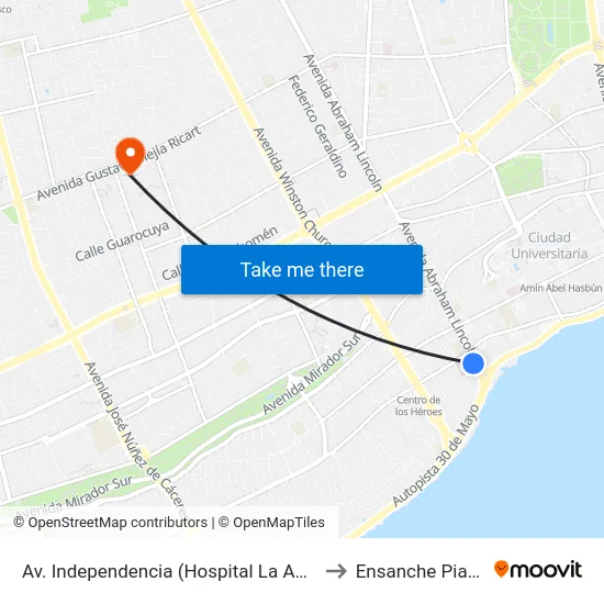 Av. Independencia (Hospital La Angelita) to Ensanche Piantini map