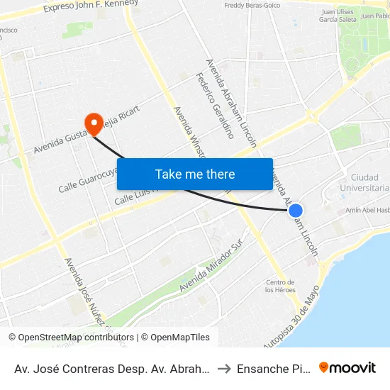 Av. José Contreras Desp. Av. Abraham Lincoln to Ensanche Piantini map