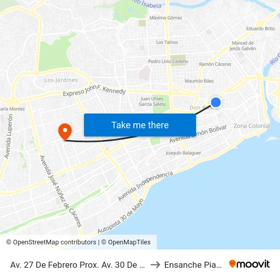 Av. 27 De Febrero Prox. Av. 30 De Marzo to Ensanche Piantini map