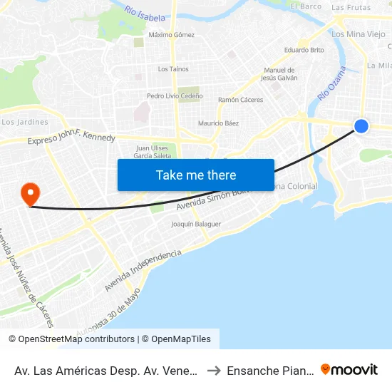 Av. Las Américas Desp. Av. Venezuela to Ensanche Piantini map