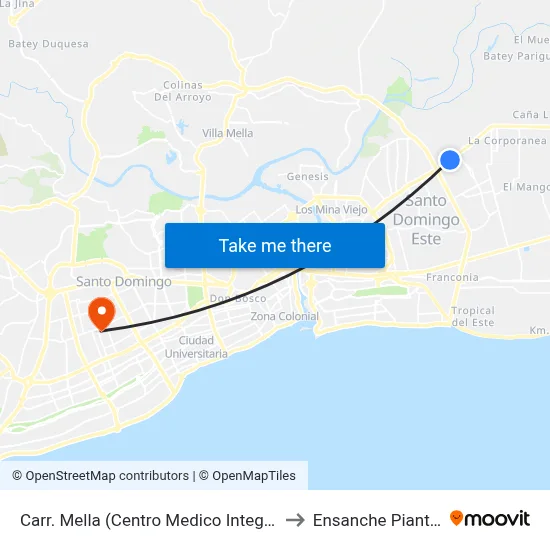 Carr. Mella (Centro Medico Integral) to Ensanche Piantini map