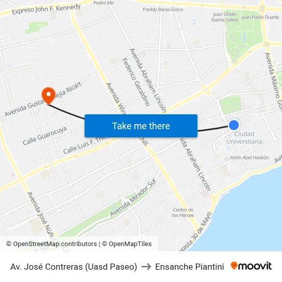 Av. José Contreras (Uasd Paseo) to Ensanche Piantini map