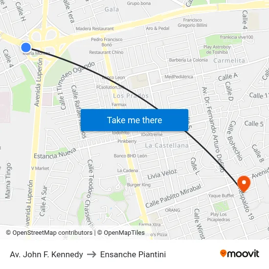 Av. John F. Kennedy to Ensanche Piantini map