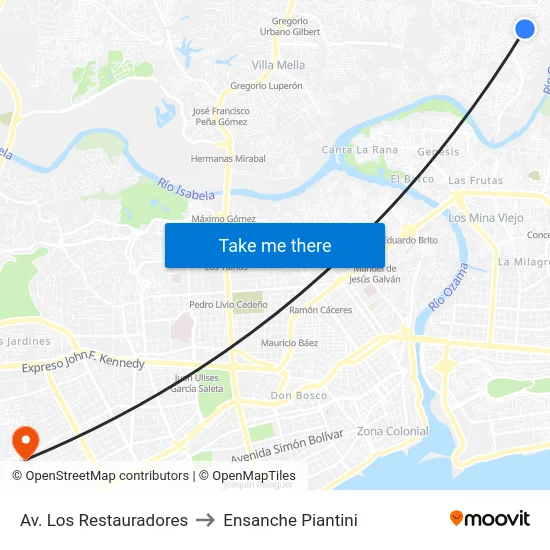 Av. Los Restauradores to Ensanche Piantini map