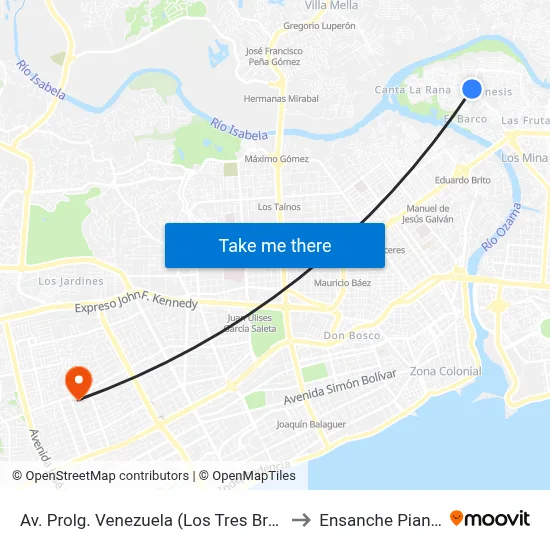 Av. Prolg. Venezuela (Los Tres Brazos) to Ensanche Piantini map