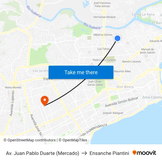 Av. Juan Pablo Duarte (Mercado) to Ensanche Piantini map