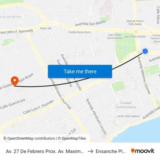 Av. 27 De Febrero Prox. Av. Maximo Gomez to Ensanche Piantini map
