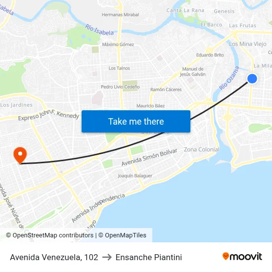 Avenida Venezuela, 102 to Ensanche Piantini map
