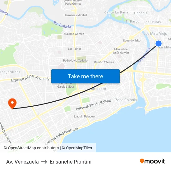 Av. Venezuela to Ensanche Piantini map