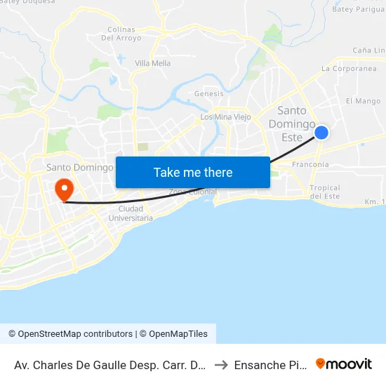 Av. Charles De Gaulle Desp. Carr. De Mendoza to Ensanche Piantini map