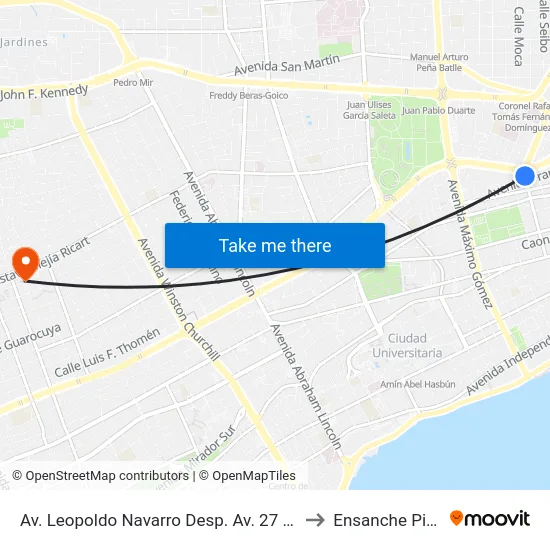 Av. Leopoldo Navarro Desp. Av. 27 De Febrero to Ensanche Piantini map