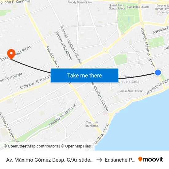Av. Máximo Gómez Desp. C/Aristides Fiallo Cabral to Ensanche Piantini map