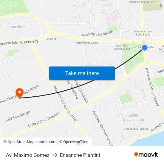 Av. Maximo Gomez to Ensanche Piantini map