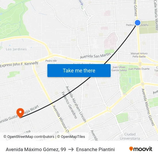 Avenida Máximo Gómez, 99 to Ensanche Piantini map