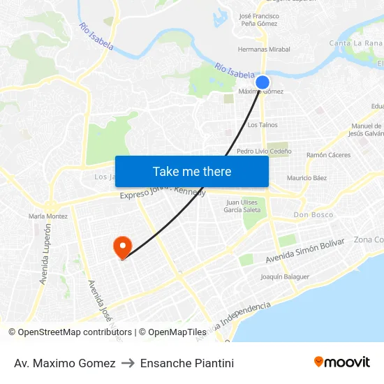 Av. Maximo Gomez to Ensanche Piantini map