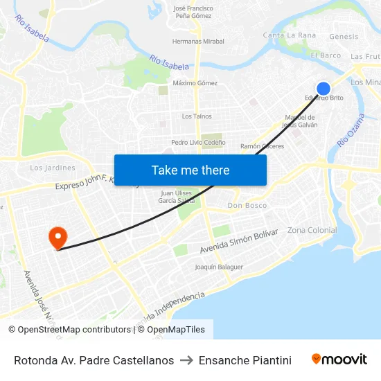 Rotonda Av. Padre Castellanos to Ensanche Piantini map