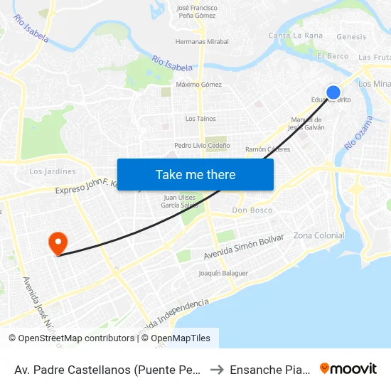 Av. Padre Castellanos (Puente Peatonal) to Ensanche Piantini map