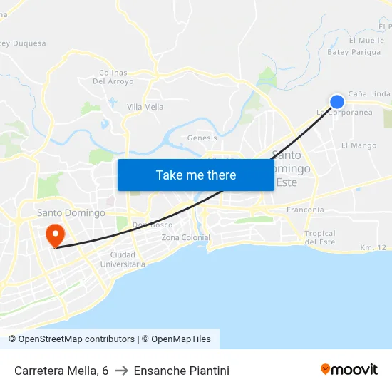 Carretera Mella, 6 to Ensanche Piantini map