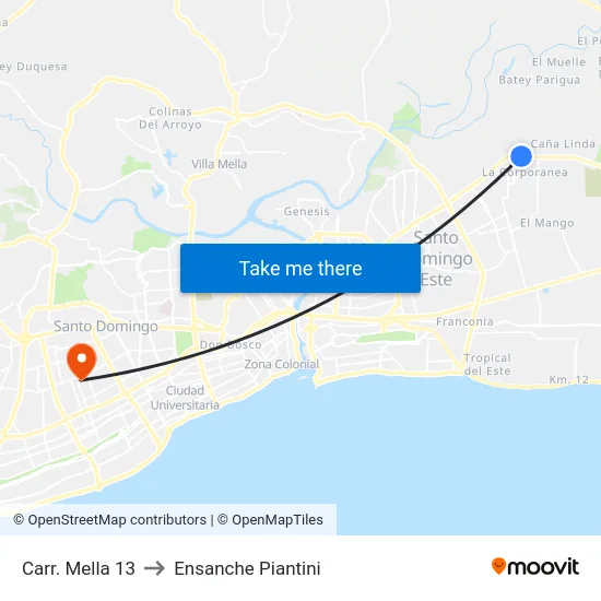Carr. Mella 13 to Ensanche Piantini map