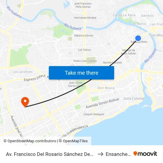 Av. Francisco Del Rosario Sánchez Desp. Av. Padre Castellanos to Ensanche Piantini map