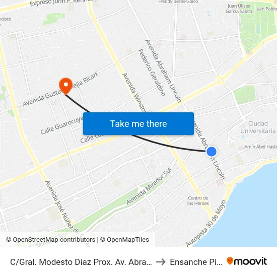 C/Gral. Modesto Diaz Prox. Av. Abraham Lincoln to Ensanche Piantini map