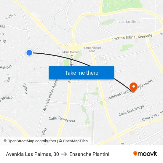 Avenida Las Palmas, 30 to Ensanche Piantini map