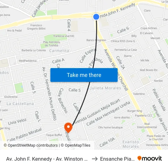 Av. John F. Kennedy - Av. Winston Churchill to Ensanche Piantini map