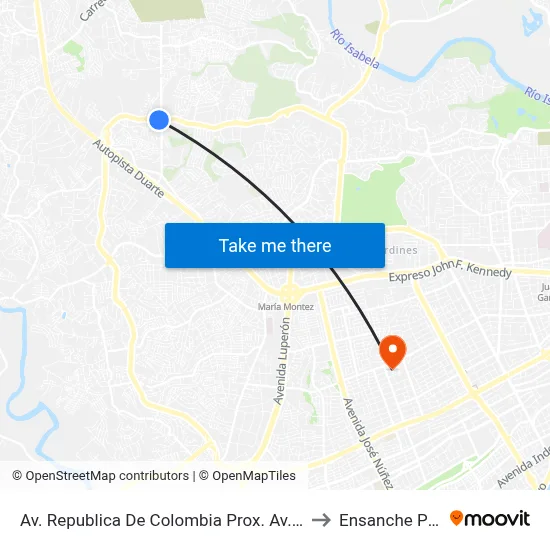 Av. Republica De Colombia Prox. Av. Monumental to Ensanche Piantini map