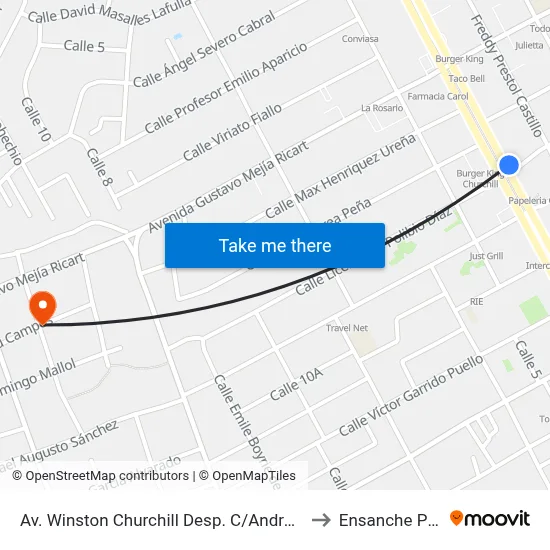 Av. Winston Churchill Desp. C/Andres Julio Aybar to Ensanche Piantini map